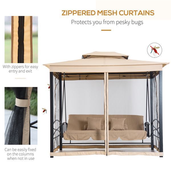 3 Person Patio Swing Chair, Gazebo Swing With Double Tier Canopy, Cushioned Seat, Mesh Sidewalls, Beige_voghion.com