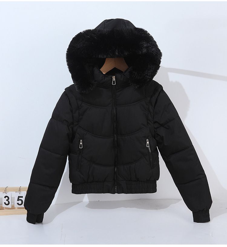 Doudoune courte convertible à manches amovibles et capuche en fausse fourrure pour femme - Manteau d'hiver taille haute doublé polaire épaisse_voghion.com