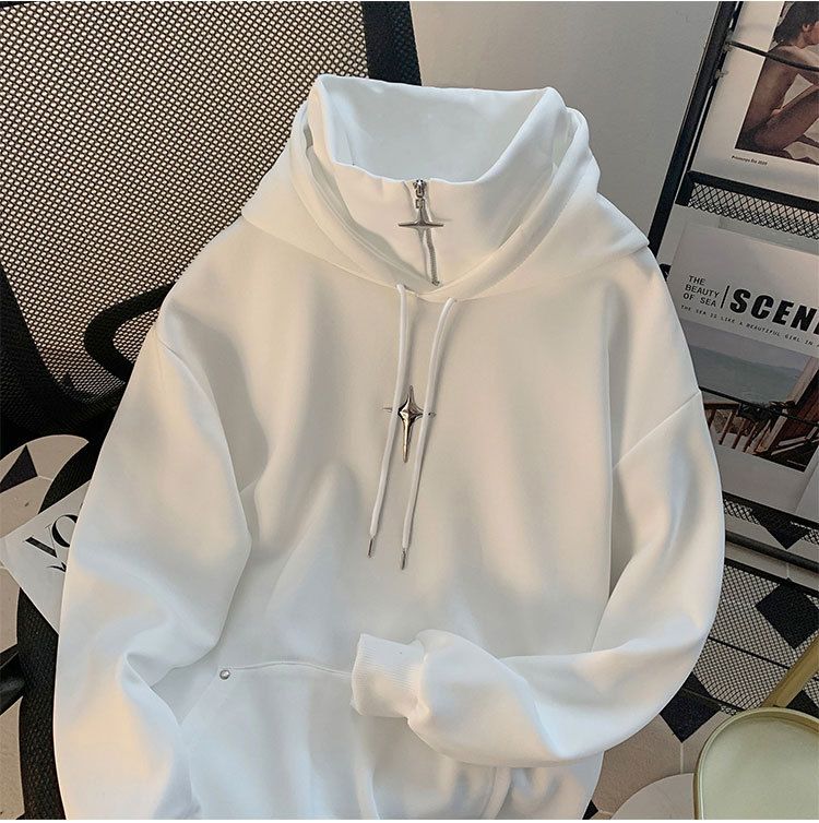 Herren-Kapuzenpullover mit hohem Kragen – Lässiges, übergroßes Sweatshirt im Streetwear-Vintage-Stil für Teenager und junge Erwachsene (Schwarz/Weiß)_voghion.com