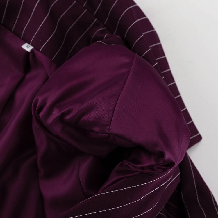 Giacca da abito a righe da donna, elegante blazer a righe con maniche a campana in pizzo – Giacca casual ampia per primavera/autunno in rosso vino_voghion.com