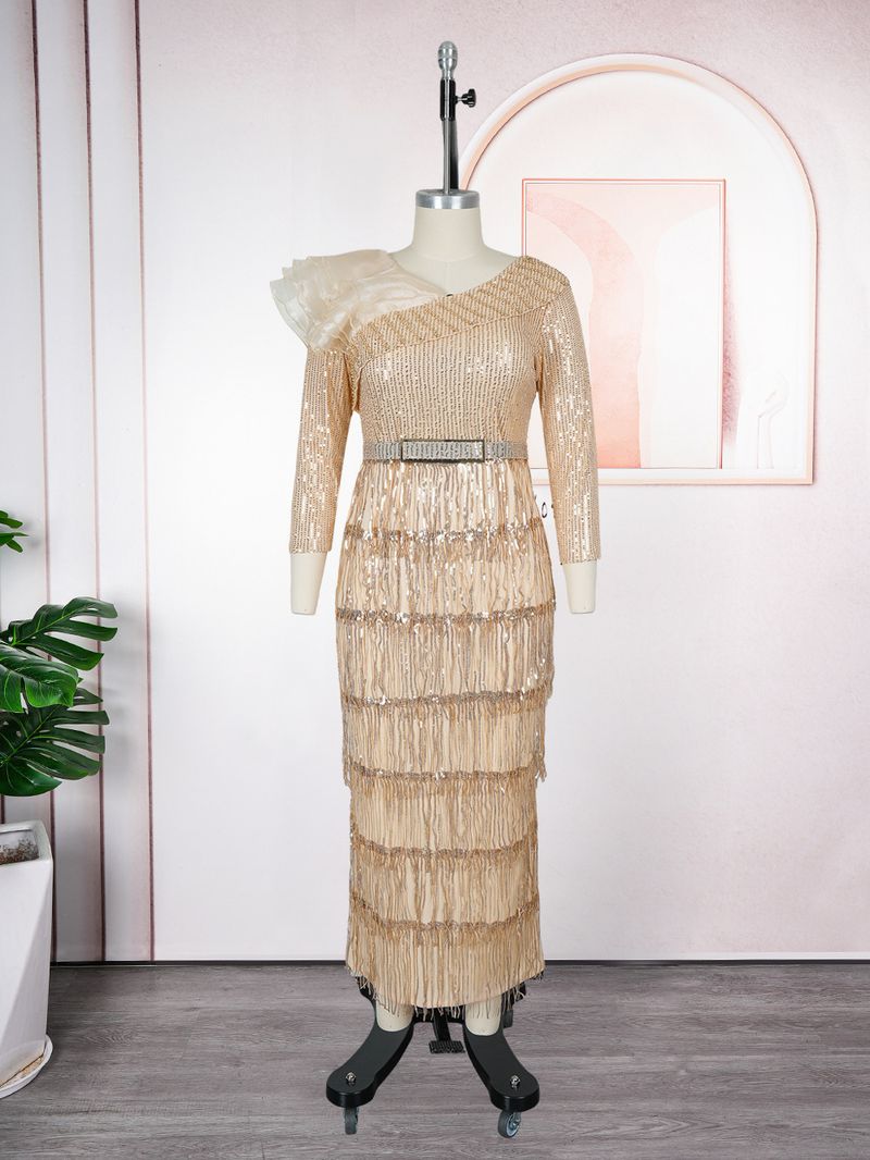 Plus Size Glitter Fringe Party Dress For Women - Elegant V-Neck Sequin Evening Gown With Layered Tulle Skirt (Wine Red, Royal Blue, Rose Purple)_voghion.com