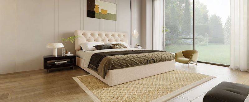 Lit double matelassé hydraulique 140 x 200 cm, tête de lit réglable, sommier à lattes métalliques, cadre de lit coffre moderne, couleur naturelle, sans matelas_voghion.com