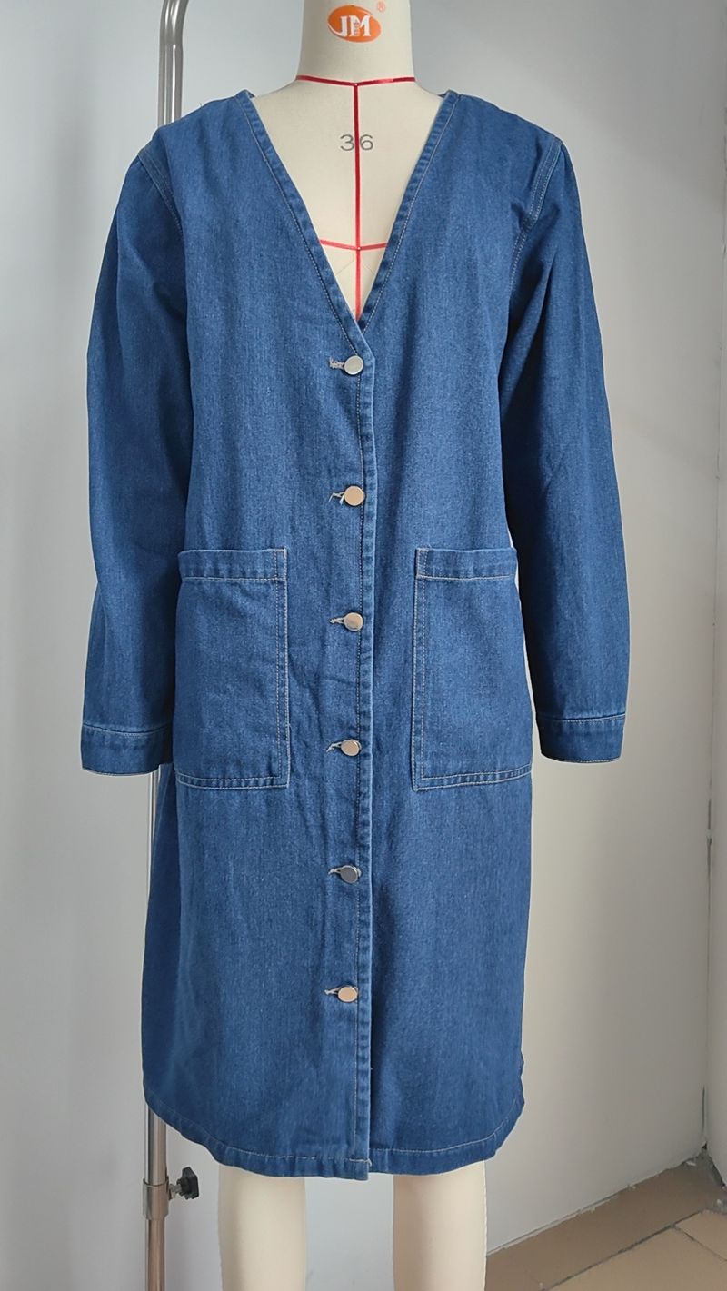 Casaco feminino jeans desgastado oversized - Jaqueta longa streetwear com decote em V e mangas compridas_voghion.com