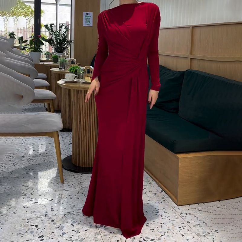 Women's Clothing Sexy Fashion Round Neck Pleated Waist Slim Fit Solid Color Temperament Dress_voghion.com