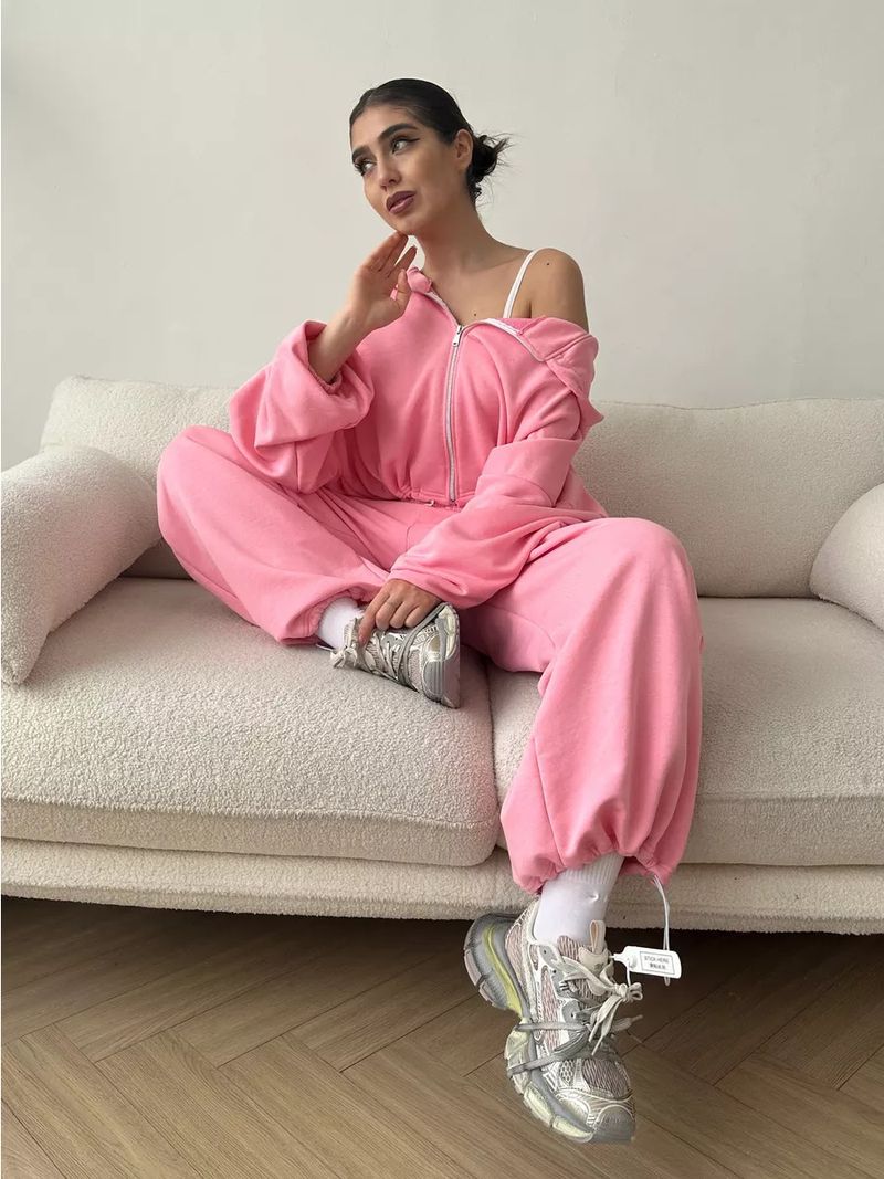 Women's Casual Suit Solid Color Long Sleeved Zipper Cardigan Drawstring Hooded Sweatshirt Sports Elastic Pants Two-piece_voghion.com