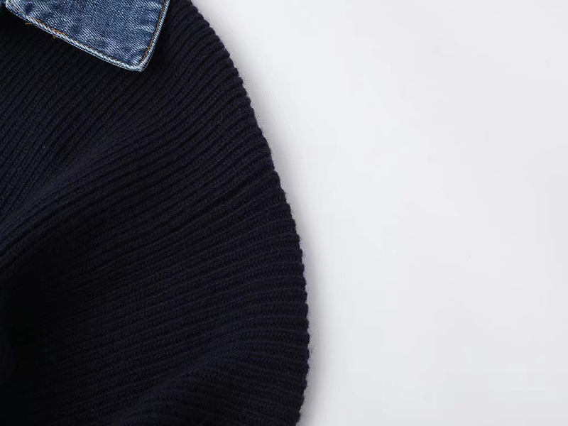 Lose Denim-Spleißstrickjacke für Damen mit Polokragen, Strickjacke_voghion.com