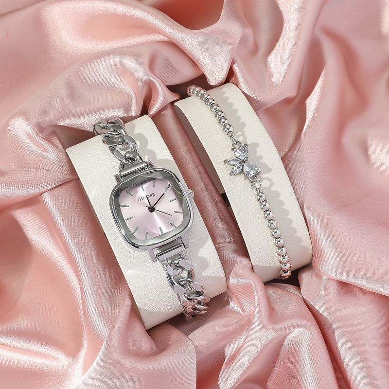 Dameur og smykkesæt med lilla Aurora-urskive og firkantet armbåndsur + armbåndssæt med sommerfuglesten til studerende_voghion.com