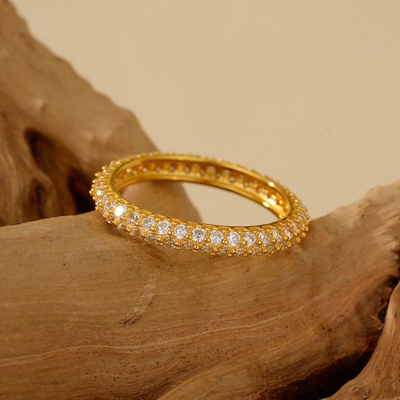 Women's Jewelry S925 Sterling Silver Double Row Full Diamond Ring, Geometric Design Stackable Band For Everyday Wear, Elegant And Stylish_voghion.com