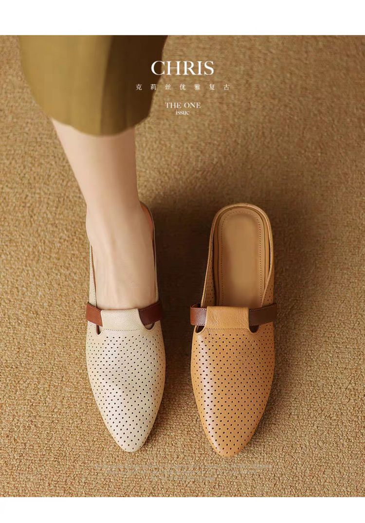 Französische atmungsaktive Hohltaschen-Halbpantoffeln für Damen, weiches Leder, runde Sandalen, faule Muller-Schuhe mit niedrigem Absatz_voghion.com