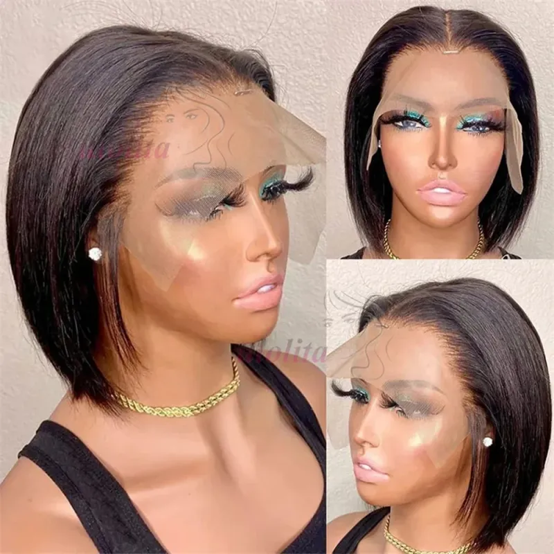 Kort Bob Paryk Brasiliansk Hår Glat Ægte Hår Lace Frontal Parykker Til Kvinder 13x4 HD Lace Parykker Ægte Hår_voghion.com