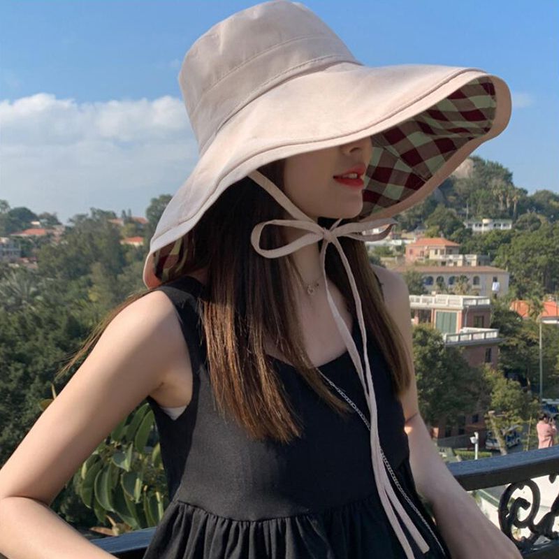Fashion Double-sided Foldable Bucket Hats for Women Summer Sun Hat Solid Plaid Wide Brim Panama Beach Fisherman Cap_voghion.com