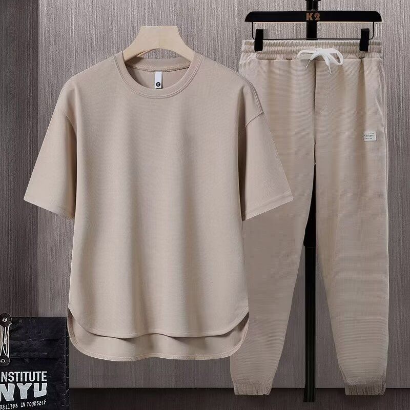 Locker sitzendes, einfarbiges Herren-T-Shirt 2025 Sommer Trendy Ins Style Kurzarm Lange Hose Zweiteiliges Set_voghion.com