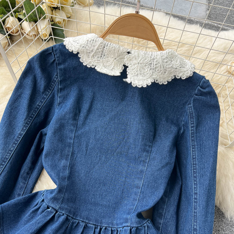 Women's Lace Doll Collar Denim Jacket + Medium-length Hip Skirt Two-piece Suit_voghion.com