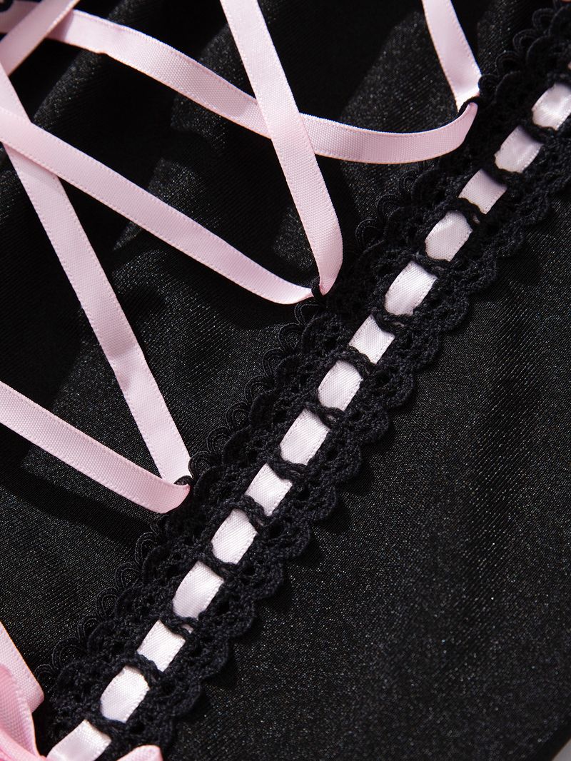 Pure Desire Girl Style Sexy Perspective Lace Bow With Leg Circumference One-piece Lingerie Set_voghion.com