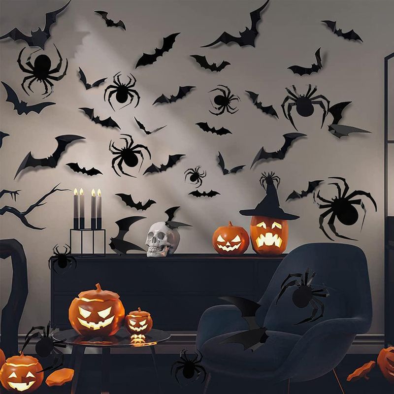 68 STK stor Halloween 3D edderkop og flagermus wallsticker kombination Halloween dekoration 3D sort flagermus klistermærke_voghion.com