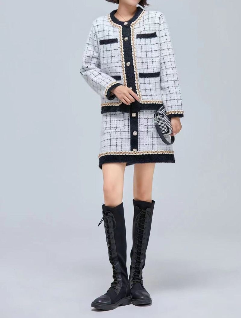 Women's Clothing new high end tweed jacket high waist skirt two piece suit_voghion.com