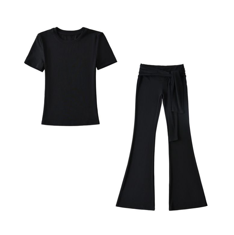 25 Nuovo stile estivo per ragazze calde, vestibilità slim, scollo rotondo, maglietta a maniche corte snellente + pantaloni lunghi casual con lacci e fondo a campana_voghion.com
