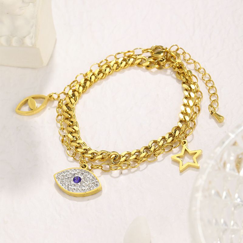 Diamond-encrusted Zircon Devil's Eye Double-layer Necklace Female Personality Versatile Stainless Steel Gold-plated Bracelet_voghion.com