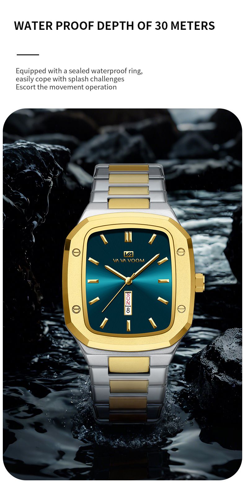 Montre homme Va Va Voom Business, cadran rectangulaire, étanche, créative, double calendrier, ceinture en acier_voghion.com