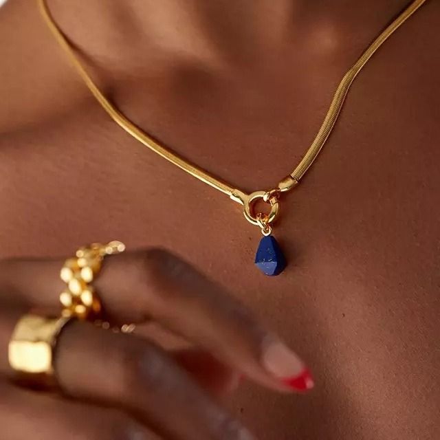 Titanium Steel Niche Natural Stone Lapis Lazuli Heavy Craft Necklace Pendant DIY High Color Retention Gold Plating_voghion.com