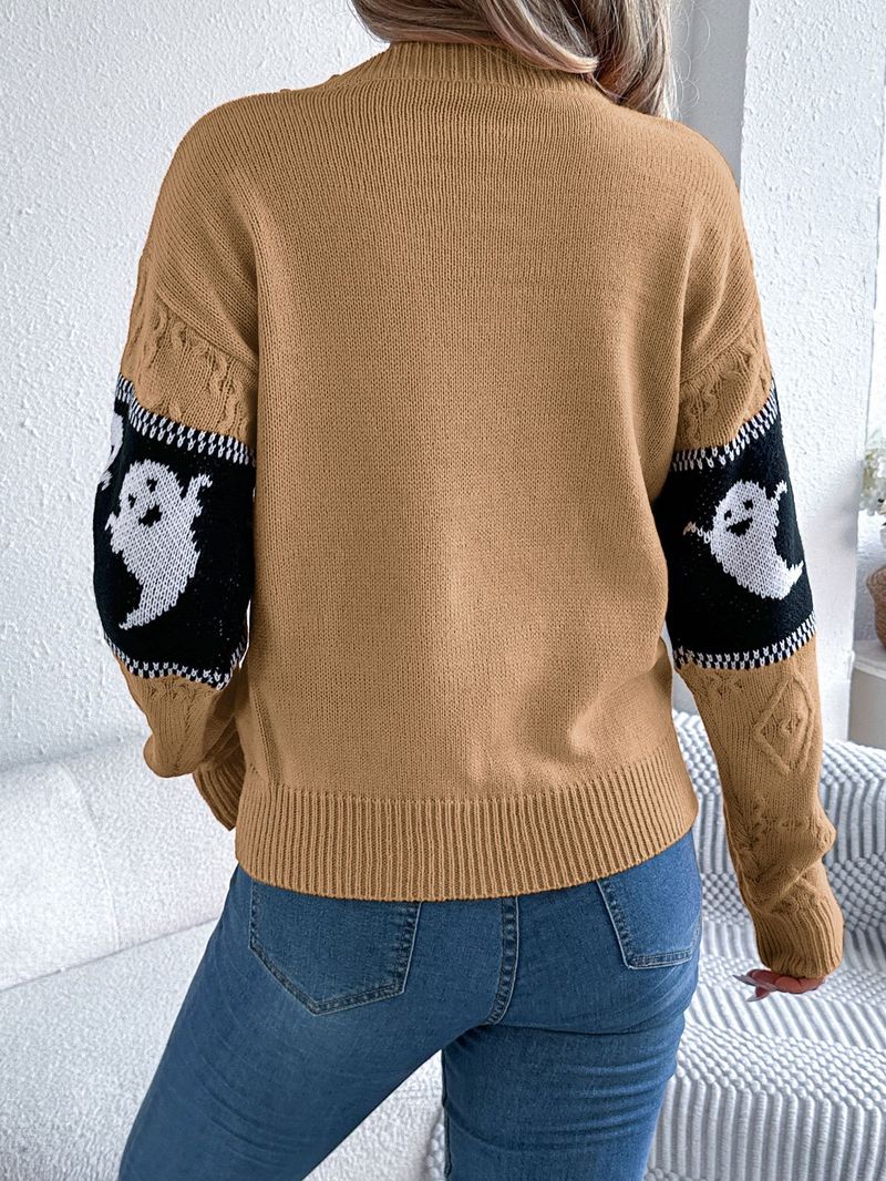 Herfst- en winter Halloween-thema Spook Contrasterende kleur Lange mouw Trui Dameskleding_voghion.com