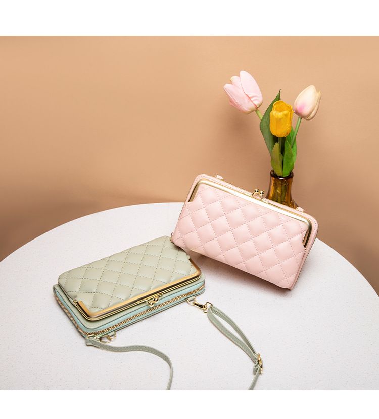 Gewatteerde crossbodytas voor dames met rits en draaisluiting - Lange portemonnee met twee vouwen, telefoonhoesje, stijlvol minimalistisch ontwerp_voghion.com