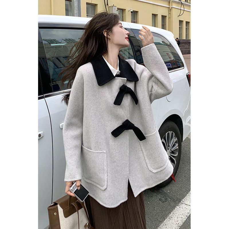 Light Gray Contrast Color Tie Knot Coat Women 2023 Autumn Winter New Small Loose Casual Woolen Overcoat_voghion.com