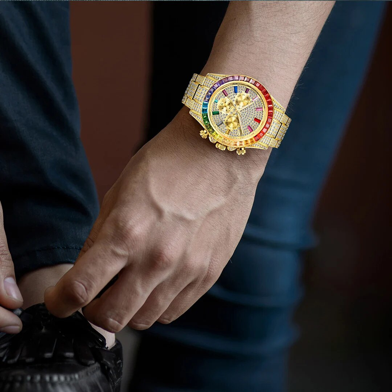 Missfox - Gouden herenhorloge, regenboogdiamanten wijzerplaat, chronograaf met drievoudige wijzerplaat, waterdicht, sportief, elegant_voghion.com