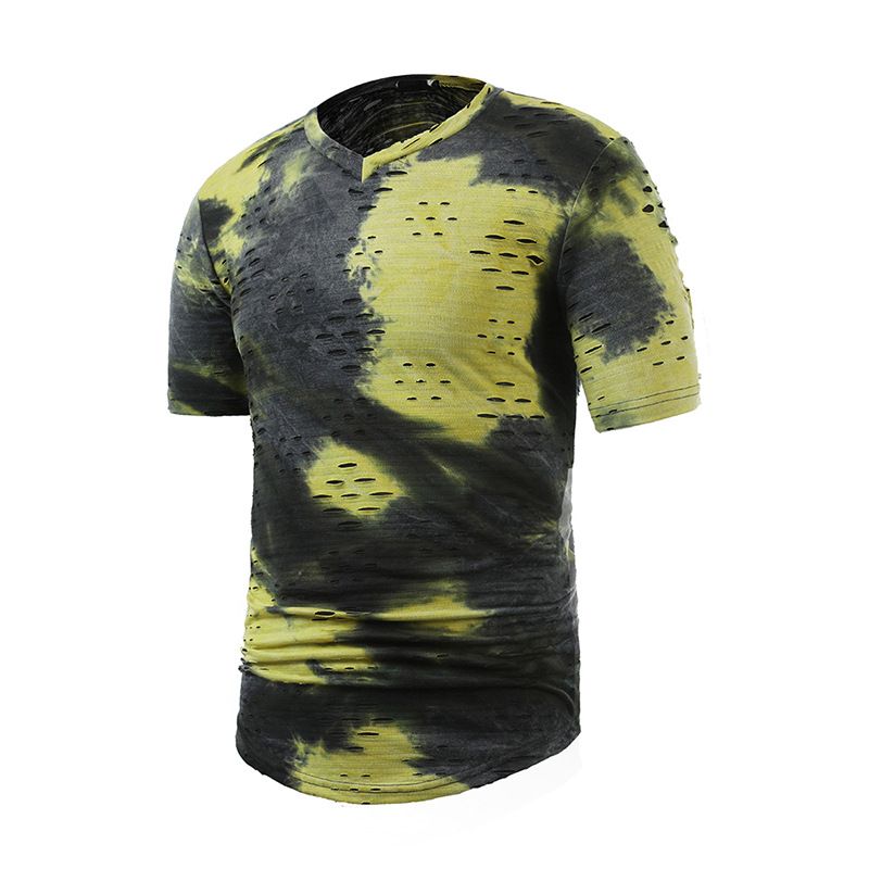 Herrenbekleidung, lässige Mode, offenes Lächeln, Persönlichkeit, Loch, glühende Farbe, passend, große Größe, kurzärmeliges T-Shirt mit V-Ausschnitt_voghion.com