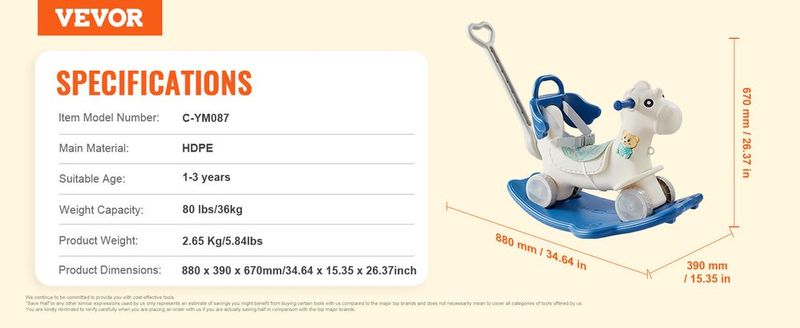VEVOR 4 In 1 Rocking Horse For Toddlers 1-3 Years, Baby Rocking Horse With Detachable Balance Board, Push Handle And 4 Smooth Wheels, Support Up To HDPE 80 Lbs Kids Ride On Toy With Sound, Blue_voghion.com
