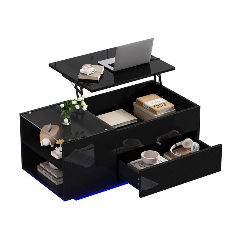 Table basse réglable en hauteur 95 x 48 x 42 cm avec rangement dissimulé, éclairage LED, tiroir et prise de courant - Table d'appoint de salon noire_voghion.com