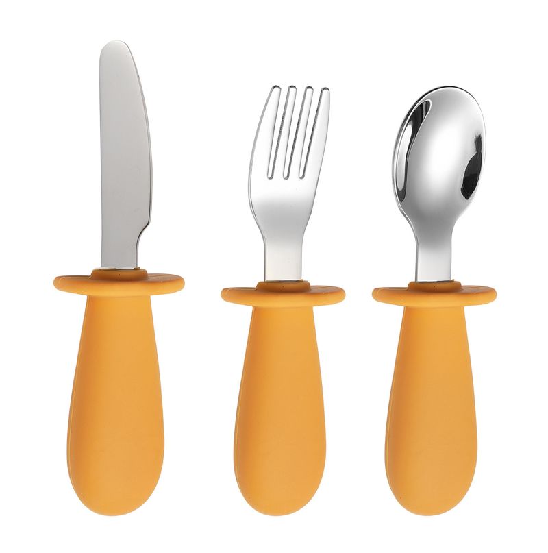 Conjunto de 3 peças de faca, garfo e colher infantil de aço inoxidável 316 com cabo curto de silicone para mãe e filhos, colher para comer infantil, utensílios de mesa portáteis_voghion.com