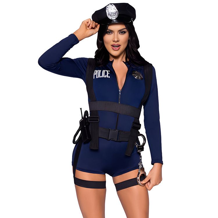 Costume de policière bleu tentation, uniforme de jeu d'Halloween, tenue de jeu de rôle_voghion.com