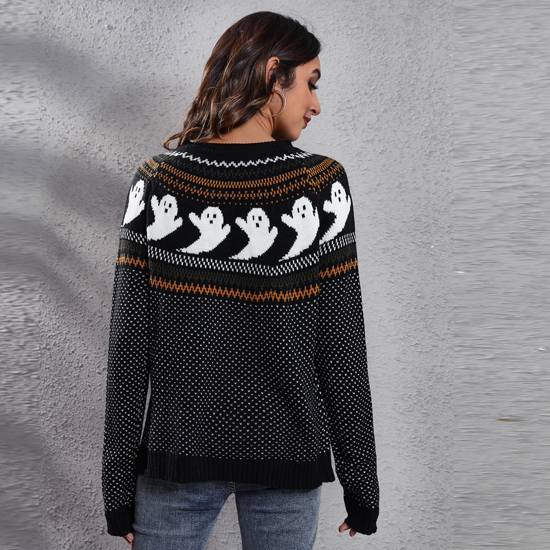 "Maglione oversize a pois con maniche a lanterna e motivo fantasma di Halloween Y2K 2025 | Streetwear per festival europei"_voghion.com