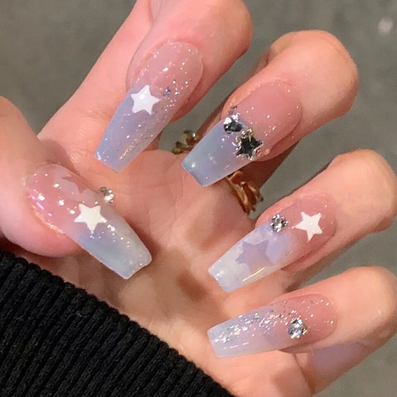 Design 24 Stück Stern-Fake-Nagelspitzen, tragbar, lange Ballerina-Kunstnägel, glitzernd, blau, French, vollständige Abdeckung, zum Aufdrücken, N s_voghion.com