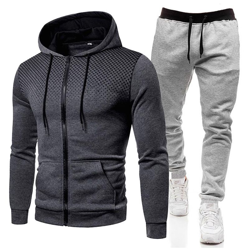 Autumn Winter Fleece Polka Unisex Sports Hoodie Dot Men Solid Color Zipper Sweatshirt Sweatpants Set_voghion.com