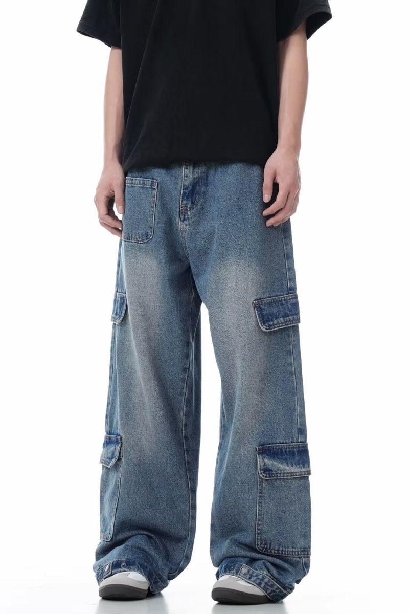 Pantaloni casual a gamba larga da strada, jeans cargo blu dritti lavati multitasche americani_voghion.com