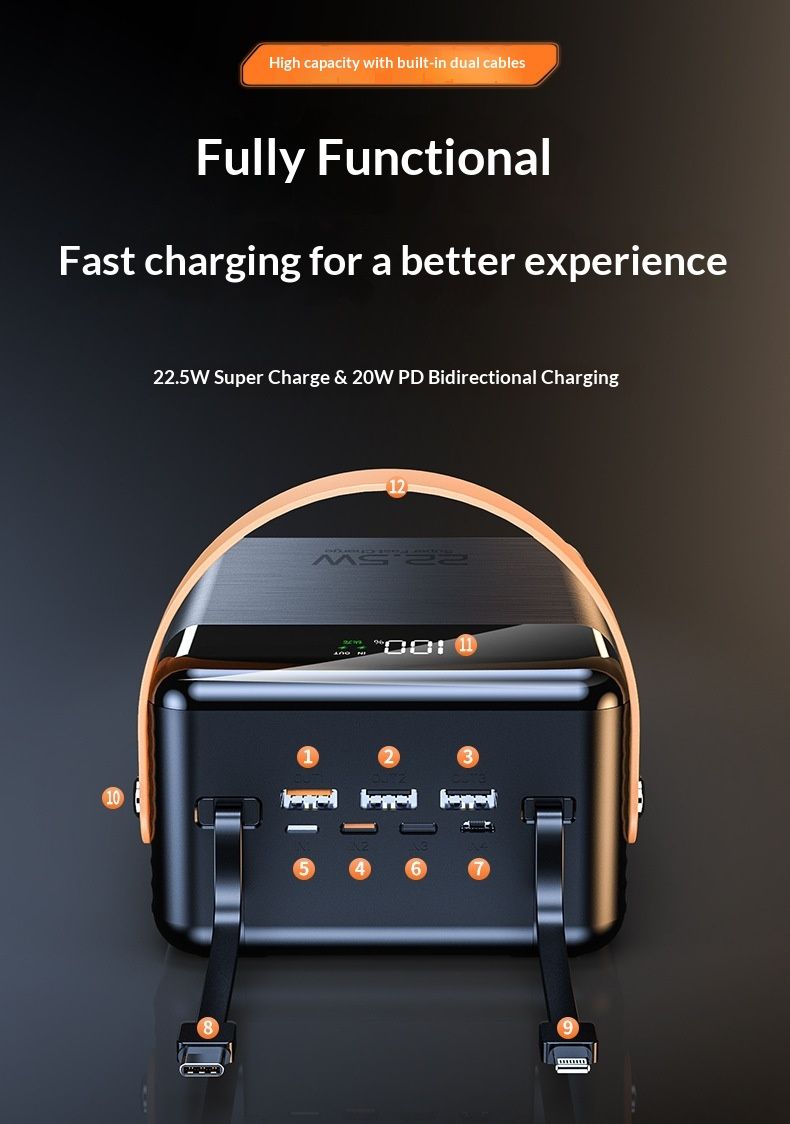 Cross-border Super Fast Charging Built-in Cable Power Bank 100000mAh Large Capacity Outdoor Portable Charger Custom_voghion.com