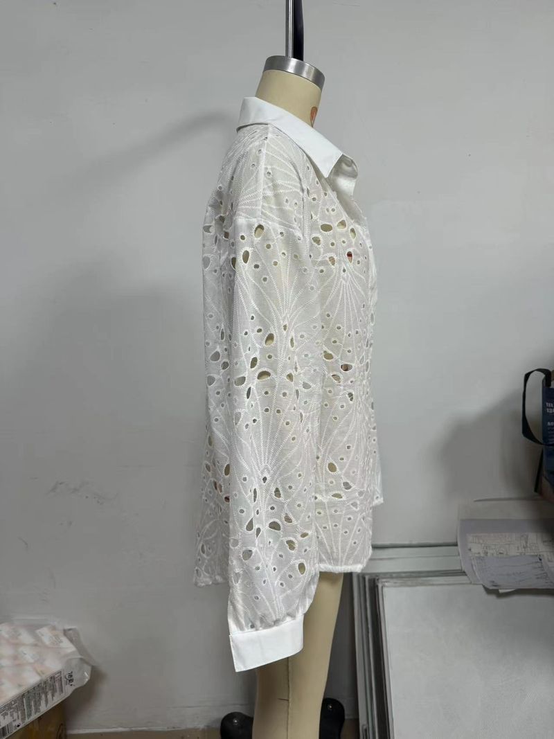 Camisa de manga larga con encaje calado para mujer: blusa bohemia informal de verano (blanca, tallas S-XL)_voghion.com