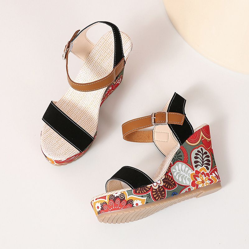 2025 New Large Shoes, High Sandals, Slope Heels, Embroidered One Word Buckle With Open Toe Thick Bottom, Women's_voghion.com