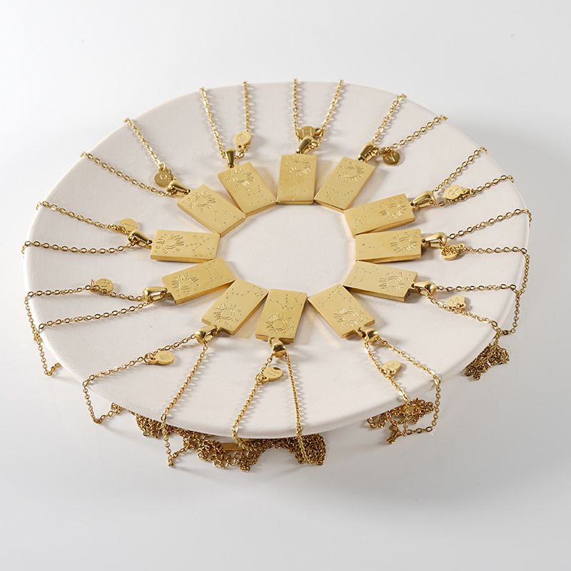 Edelstahl 12 Konstellation Halskette weiblich K Gold Quadrat Zwölf Konstellation Titan Stahl Anhänger Schlüsselbein Kette_voghion.com