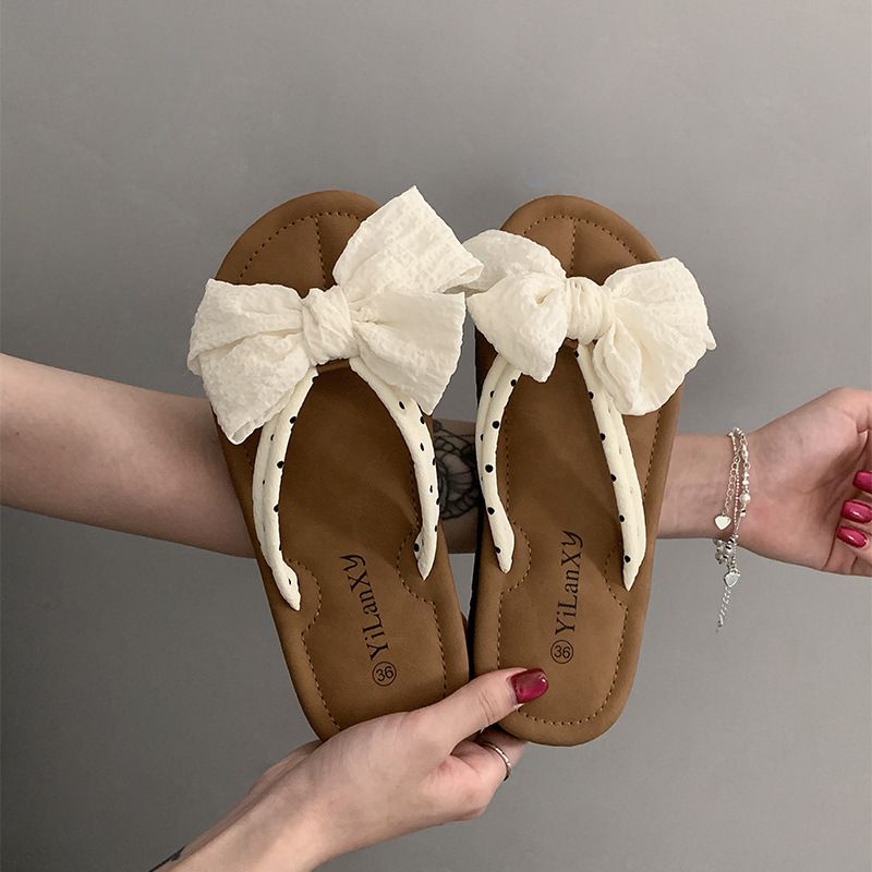Infradito piatte con fiocco carine per donna, estate 2024, nuovo stile da abbinare a gonne, sandali leggeri e versatili_voghion.com