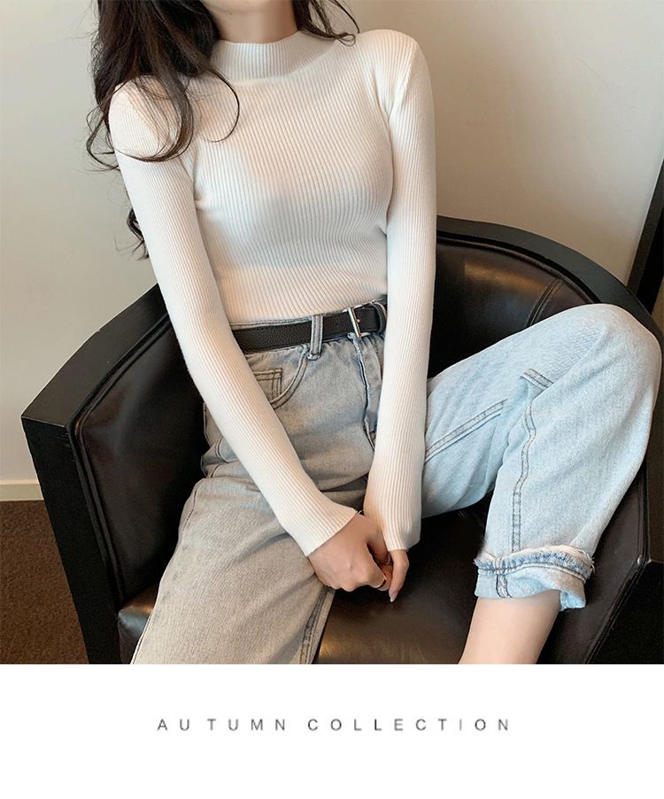 Maglione in maglia aderente con collo semi-alto – Pullover corto a maniche lunghe (Top basic elasticizzato da indossare a strati, bianco, grigio)_voghion.com