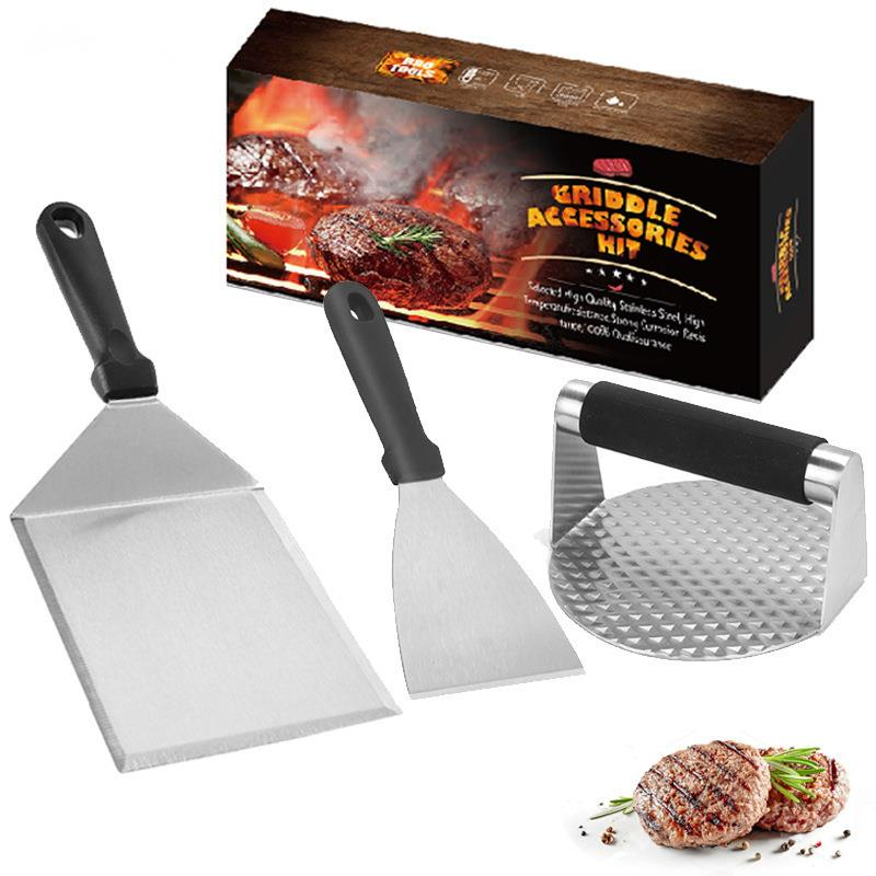 Sıcak Satış Paslanmaz Çelik Açık Hava Seti 3 Parça Teppanyaki Spatula Barbekü Aleti Et Presi_voghion.com