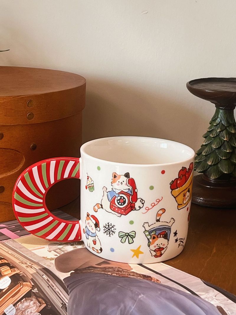Weihnachtlicher Keramikbecher – Niedliches Katzenmotiv, großes Fassungsvermögen 400 ml, ideal als Saftbecher, Milchbecher oder Frühstücksbecher, perfektes Geschenk._voghion.com