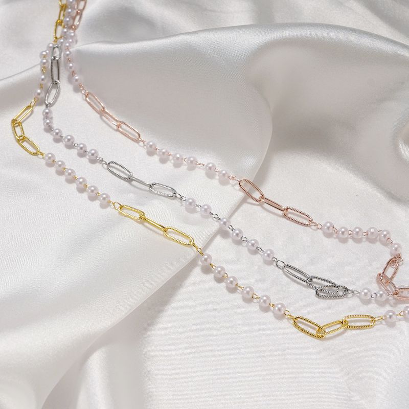Collar de cadena simple con correa anticaída para gafas, chapado en oro auténtico, clip de perla que conserva el color_voghion.com
