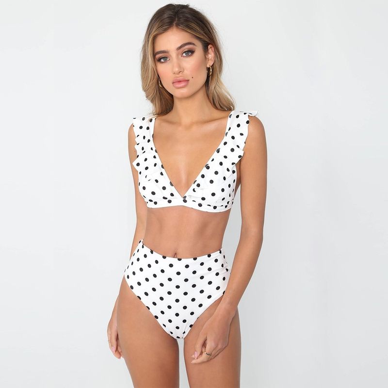 2024 Ruffle Edge Deep V Bikini Black And White Wave Dot Printed Sexy Swimsuit_voghion.com