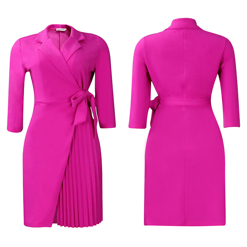 Damen Große Größen Damenbekleidung Mode Anzug Kragen Mode Gürtel Taille Plissee Kleid_voghion.com