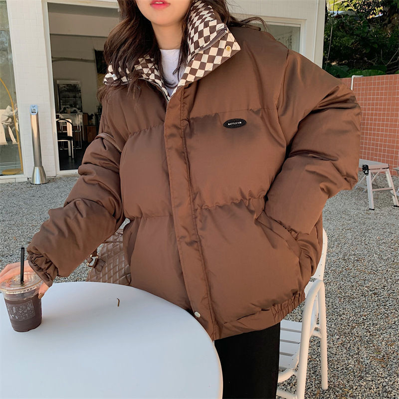 Women’s Oversized Checkerboard Puffer Jacket – Thick Cotton Quilted Coat With Stand Collar (Black, Coffee, S-XXL)_voghion.com