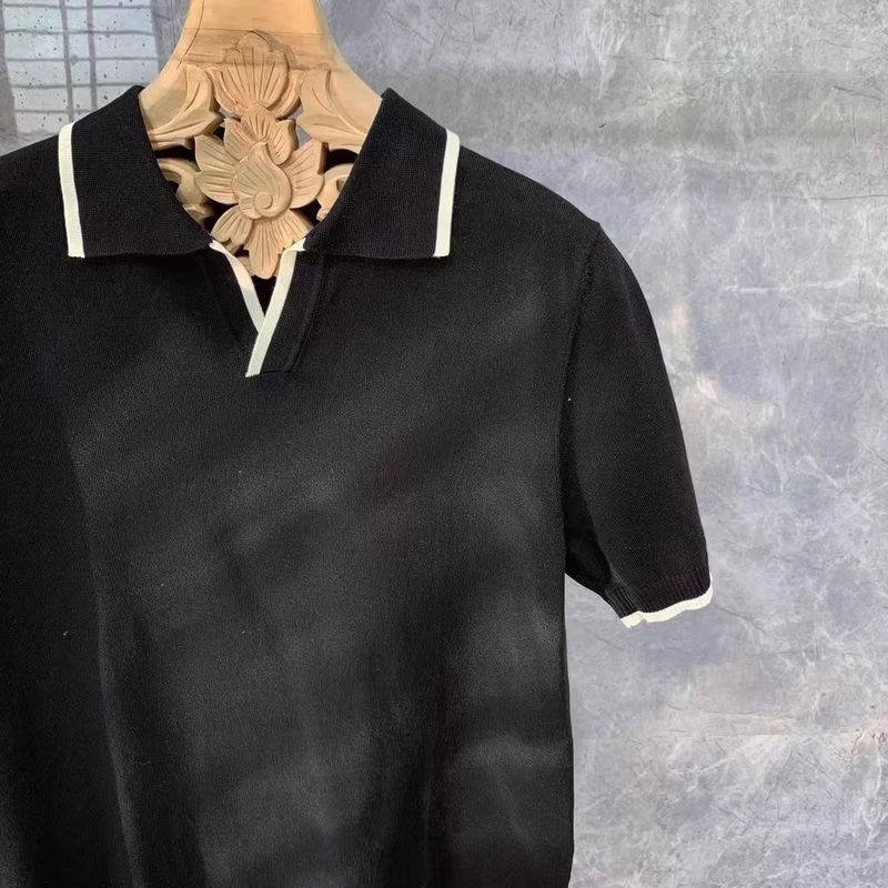 Männerkleeder Summer Kontrastfaarf mëll bequem reife Trend Mark gestrickte Poloshirt Männer Retro Revers Kuerzärm T-Shirt_voghion.com